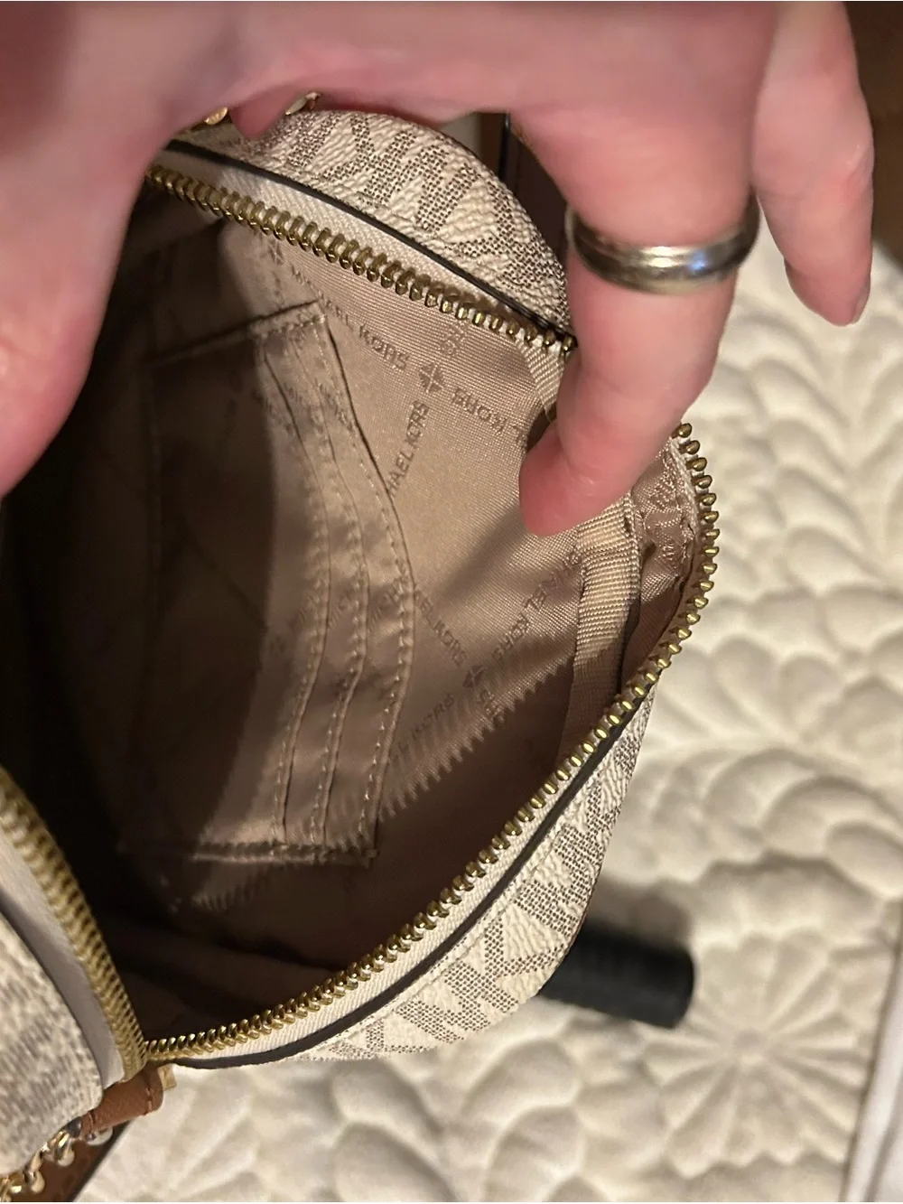 Michael Kors Beige Logo Belt Bag with Brown Trim and Gold Hardware